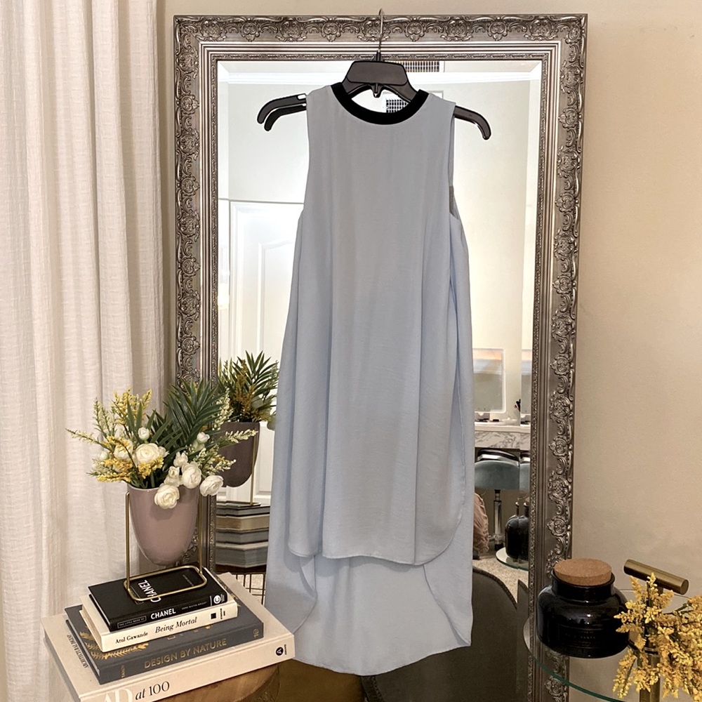 Hi-Lo split dress. Powder blue shell with grey jersey inner. High quality.